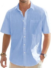 Men Cotton Linen Short Sleeve Shirts Casual Lightweight Button Down shirt Beach