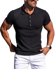 Collared Muscle Polo Shirts Men Slim Fit Textured Knit Polo Shirts Short Slee...