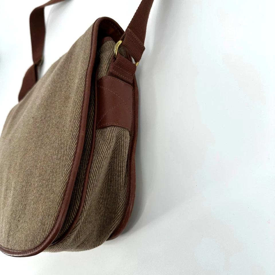 Bolso Mensajero LL Bean Tweed Lana Cachemira Cuero Borde Correa Ajustable Tostado Foto 4 de 4