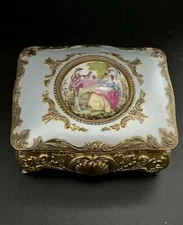 Vintage Japan Trinket Box Gold Filigree Ceramic Inlay Rococo Victorian Inspired