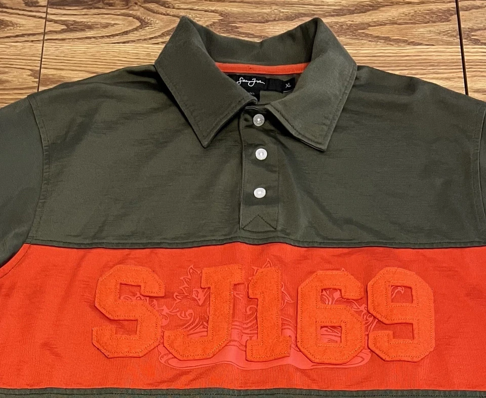 Camisa Sean Jean Y2K Para Hombres XL Polo Cosido Fieltro Logo Verde Naranja Hip Hop  Foto 2 de 4