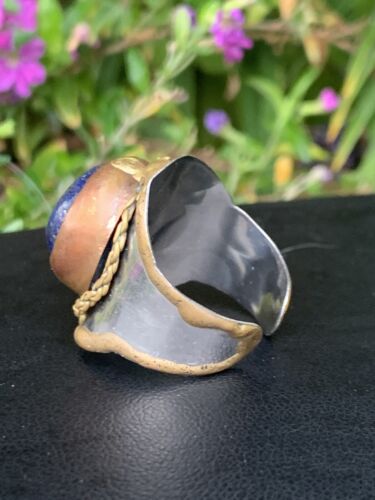Bohemian Blue Lapis Ring Brass Copper Silver Metal Brutalist Vintage Statement I - Picture 7 of 13