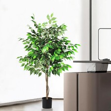 Artificial Ficus Tree Silk Faux Ficus Plant with Plastic Pot for Home Decor