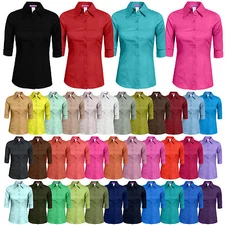 NE PEOPLE Women's Solid Basic Tailored 3/4 Sleeve Button Down Shirt [NEWT05]