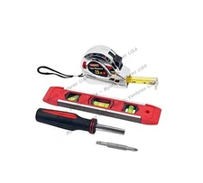 3 Pc Tool Set 25ft Carbon Steel Tape Measure/9" Magnetic Level/6 n1 Screwdriver