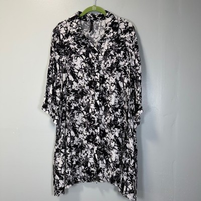 IC by Connie K Womens XL Black White Floral Button Up Shirt Dress Tunic