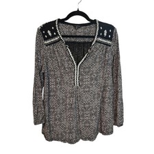 Lucky Brand 1X Black White Embroidered Boho Peasant Blouse Medallion Print Top