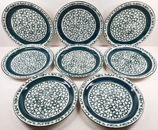 8 Tienshan Sponge Green Dinner Plates Set Vintage Country Crock Black Edge Lot