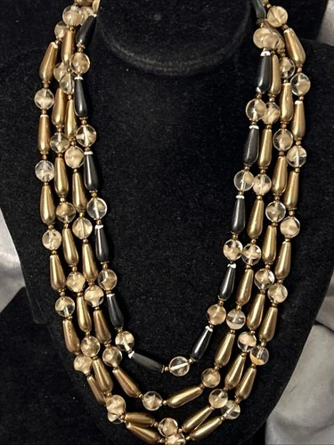Vintage Miriam Haskell 4 Strand Gold Tone Glass Bead Necklace