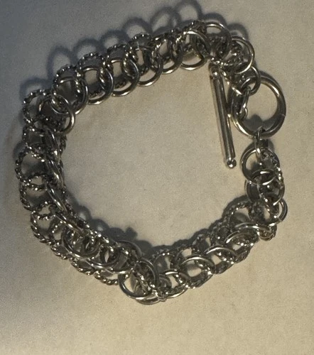 Vintage Sterling Silver Charm Bracelet Double Link Chain Ring Toggle Clasp 7.5”