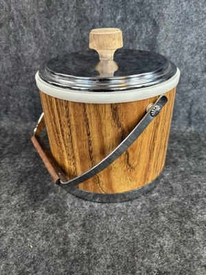 Vintage Kromex Ice Bucket Faux Woodgrain w/ Lid Handle & Tongs MCM Barware