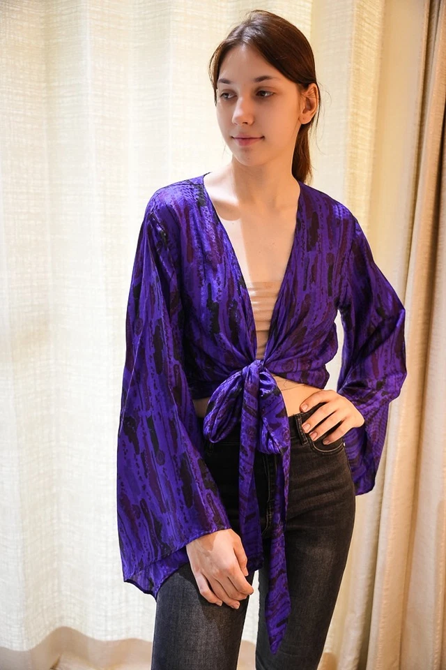 Wrap Top Pure Silk Tie Blouse Dress Girls Woman Y2k Boho crop Top PS PSW1708 - Image 3 of 4