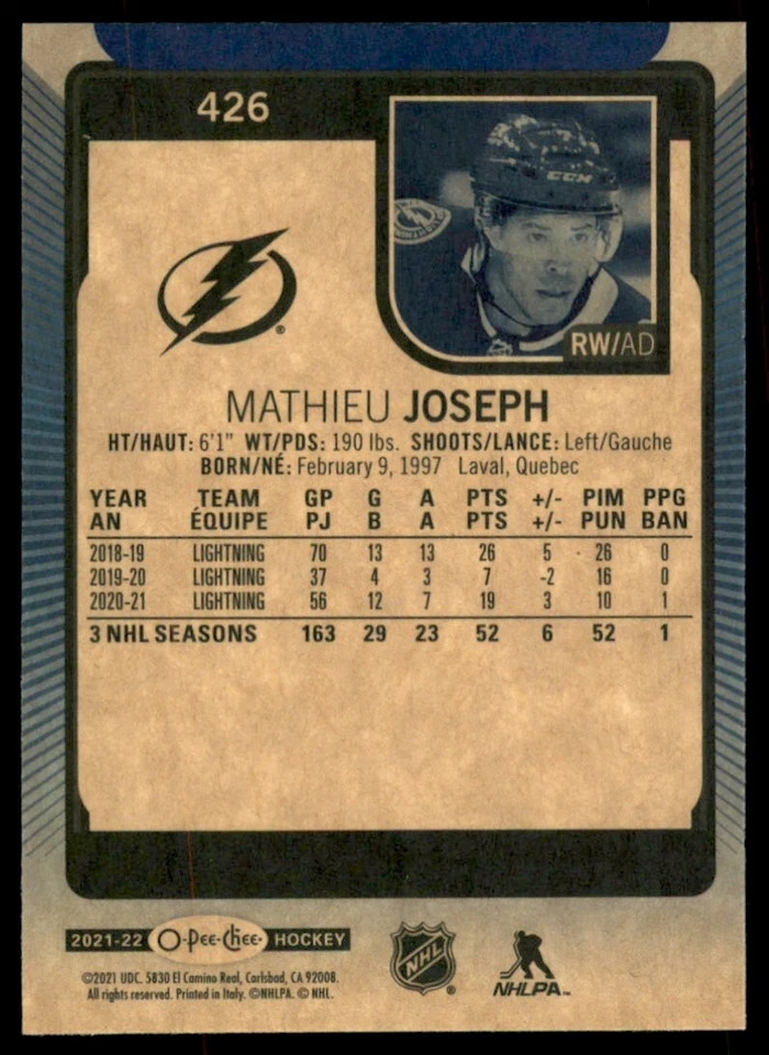 2021-22 O-Pee-Chee Blue Border Mathieu Joseph #426 - Image 2 of 2