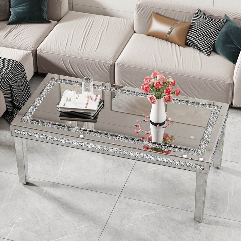 Crushed Crystal Rectangle Coffee Table Glitz Sparkle Diamond Center Table Ornate