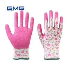 Women Gloves Work Printed Polyester Shell Pink Latex Crinkle Coating Work Safety