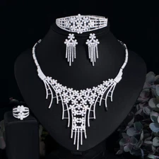 Statement CZ Long Tassel Pageant Necklace Earrings Bracelet and Ring Jewelry Set