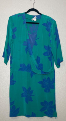 VTG Lauren Alexandra Silk Wrap Dress Women's 16 Blue Green Floral Retro *Spots