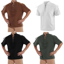 Men Medieval Lace Up Neck Pirate Shirt Short Sleeve Blouse Top T-Shirt Baggy Tee