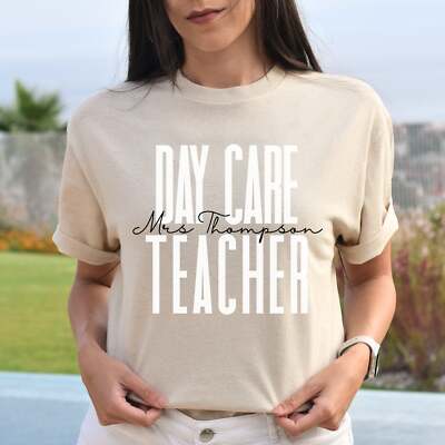 Personalized Day care teacher Unisex T-shirt Custom name daycare Sand Blue Pink