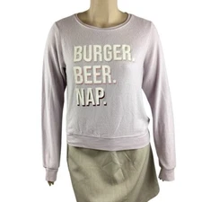 Wildfox Baggy Beach Jumper Sweatshirt L Lilac Burger Beer Nap Graphic Pullover