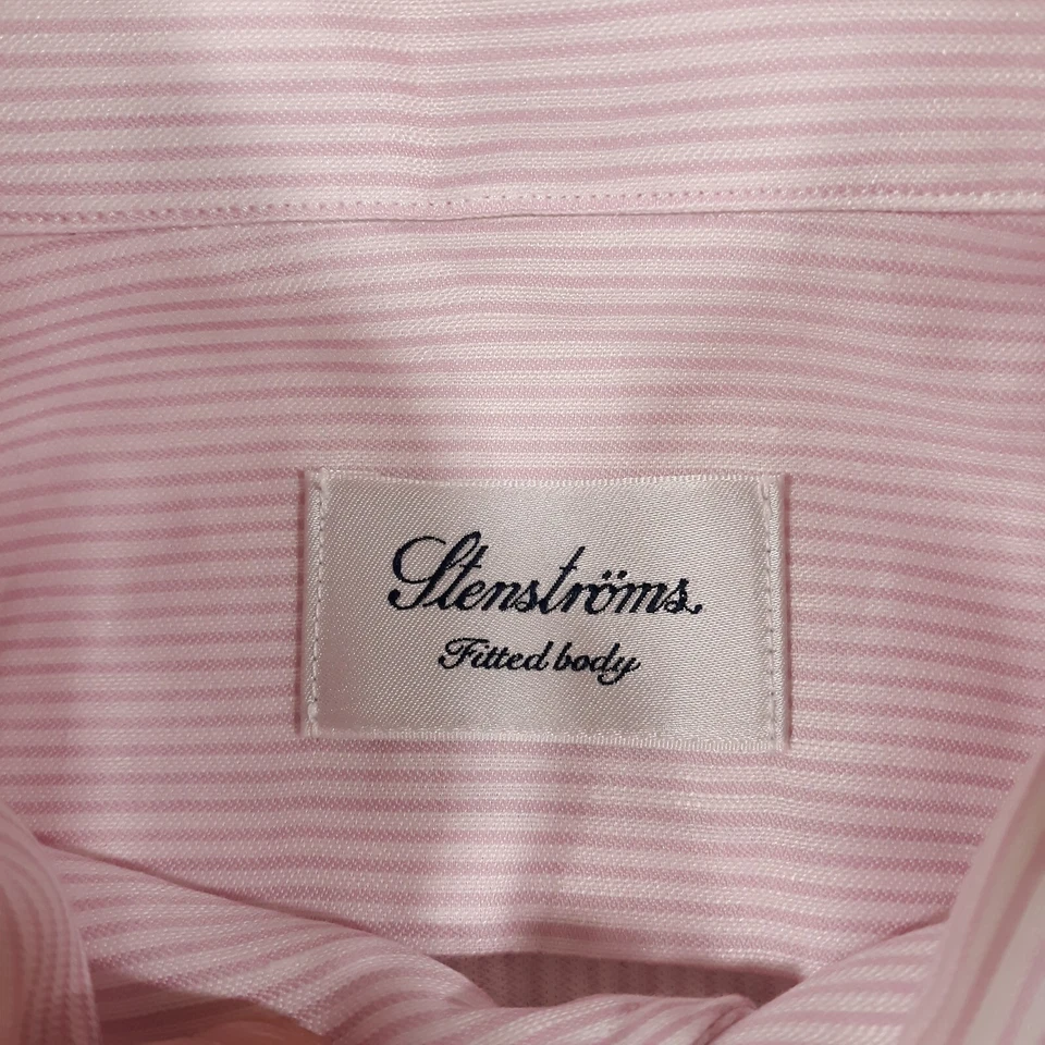 Stenstroms Dress Shirt Cotton Linen Blend Mens Large White With Pink Stripes - Image 4 of 4