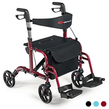 Folding Medical Rollator Walker Aluminum Transport Chair Adjustable Handle Red
