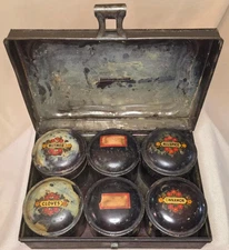 Antique Victorian Mid 19th Century Travel Spice Box w/ 6 Round Spice Tins,