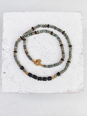 Grey Black Chain Labradorite and Onyx Necklace 18k Gold Plated Silver Beads