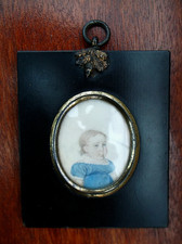 RARE ANTIQUE 19TH C MINIATURE OF CRYING YOUNG CHILD HAVING HER PORTRAIT PAINTED