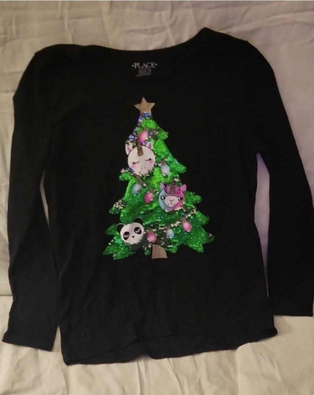 Kids Christmas Long Sleeve Shirt Size XL/14. Christmas Tree In Black