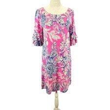 Lilly Pulitzer Dress Small Pink Blue Floral Ruffle Bell Sleeve Shift Relaxed