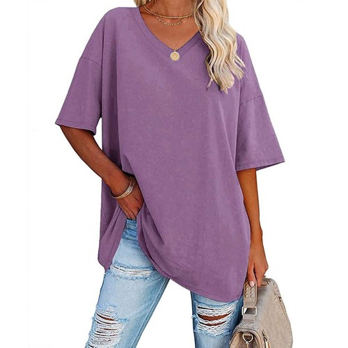 UK Womens V Neck Blouse Summer Casual Baggy Loose T Shirt Tee Tops Tee Plus Size - Picture 21 of 40