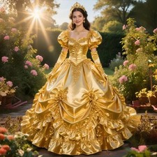 Gold Victorian Gown Puff Sleeve Satin Ruffle Flower Historical Theater Costume