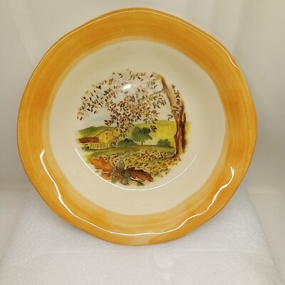 CERAMICHE TADINATE 10'' Pasta Soup Salad Bowl Peach Rim Autumn Italy Farm Scene