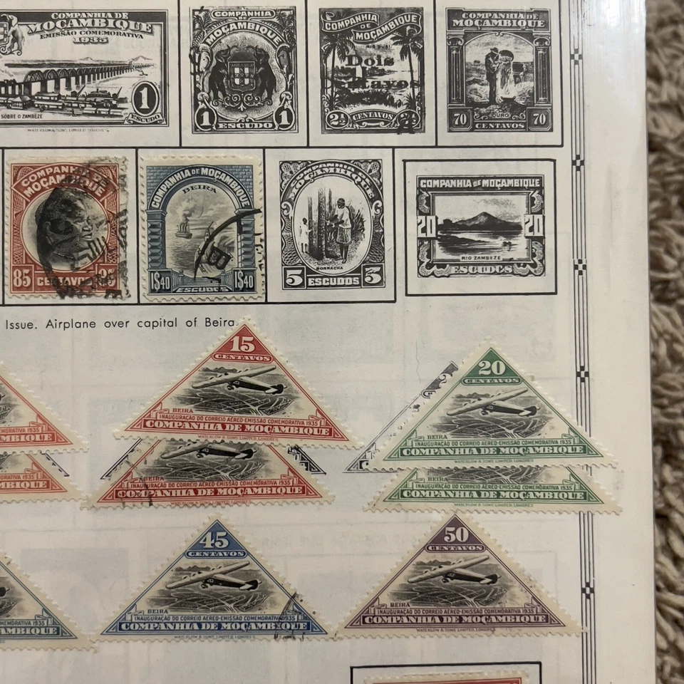 LOTE DE SELLOS M&U DE MOZAMBIQUE DE LOS AÑOS 1910-1940 EN PÁGINA DE ÁLBUM TRIAGLE, CORREO AÉREO, ANIMALES Foto 4 de 4