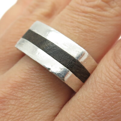 VERSANI 925 Sterling Silver Vintage Wood Modernist Ring Size 9.25 