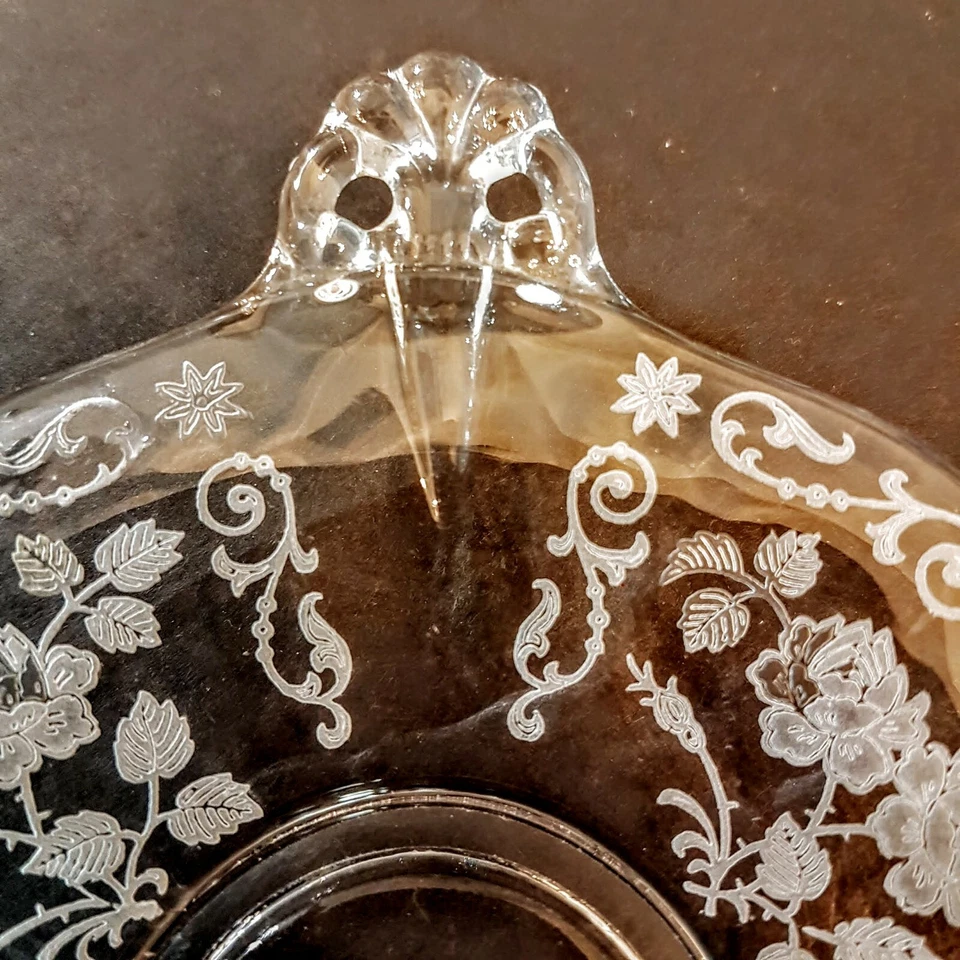 Fostoria Midnight Rose Tidbit Plate 7" Tab Handles Etched Glass VTG Granny Chic - Image 4 of 4