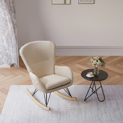 Wooden Rocking Chair Outdoor Garden Upholstered Armchair Curved Legs Recliner UK - Picture 3 of 11