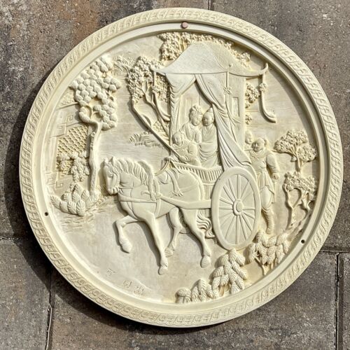 Haut de table asiatique albâtre os résine empereur chariot cheval et jardin vintage - Photo 1/12