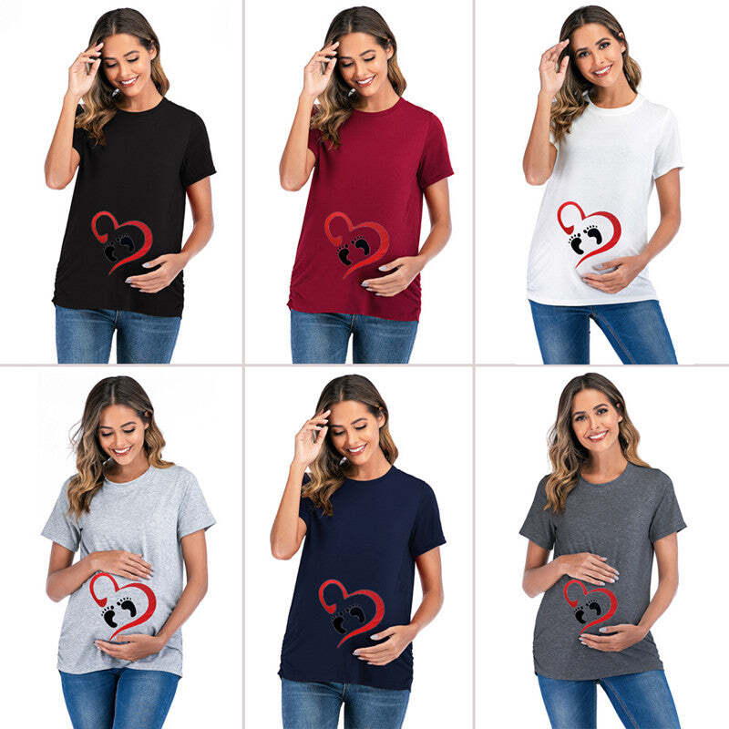 Ankle Print Round Neck Mid-Length Maternity Blouse Casual Top for Women
