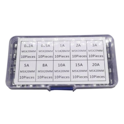Glass Tube Fuses Assorted 100pcs 5x20mm Glass Fuses Set 1 Box for Household Use