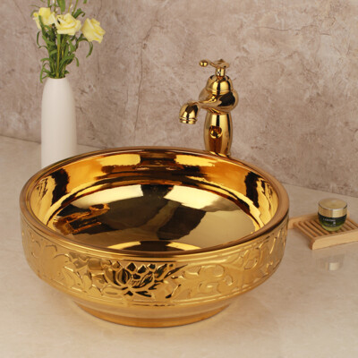 Gold Bathroom Ceramic Vessel Sinks Basin Bowls Combo With Mixer Faucet Drain Set
