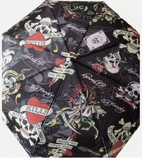 Ed Hardy Love Kills Compact Black Umbrella Auto Open Close Rubber Handle - NEW