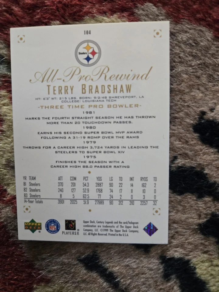 Tarjeta autografiada 1999 Upper Deck All Pro Rewind #184 Terry Bradshaw Steelers Salón de la fama Foto 3 de 3