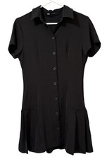 Zara Women Size Medium Button Down Drop Waist Pleated Shirt Dress Black READ