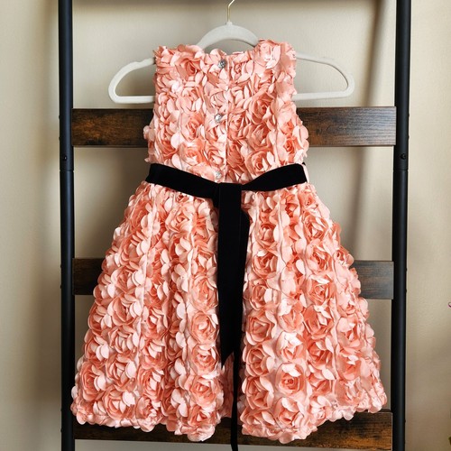 Joe-Ella Toddler Girl's Coral Floral Rosette Fit & Flare Party Dress Kids Size 5 - Picture 7 of 7