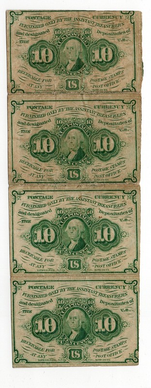 1862 10 cents US Postage Currency Fractional Currency UNCUT Four UNSEPARATED
