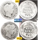 2 Antique⌛US  Mint Silver Barber Dimes🪙As Depicted🪙 1907 1912 D