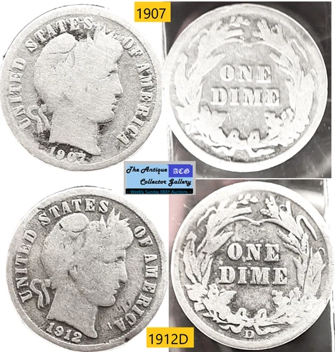 2 Antique⌛US  Mint Silver Barber Dimes🪙As Depicted🪙 1907 1912 D