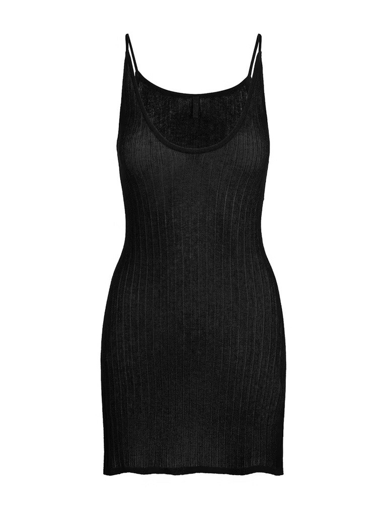 Skims Sheer Knit Plunge Mini Dress- Onyx- XXSmall